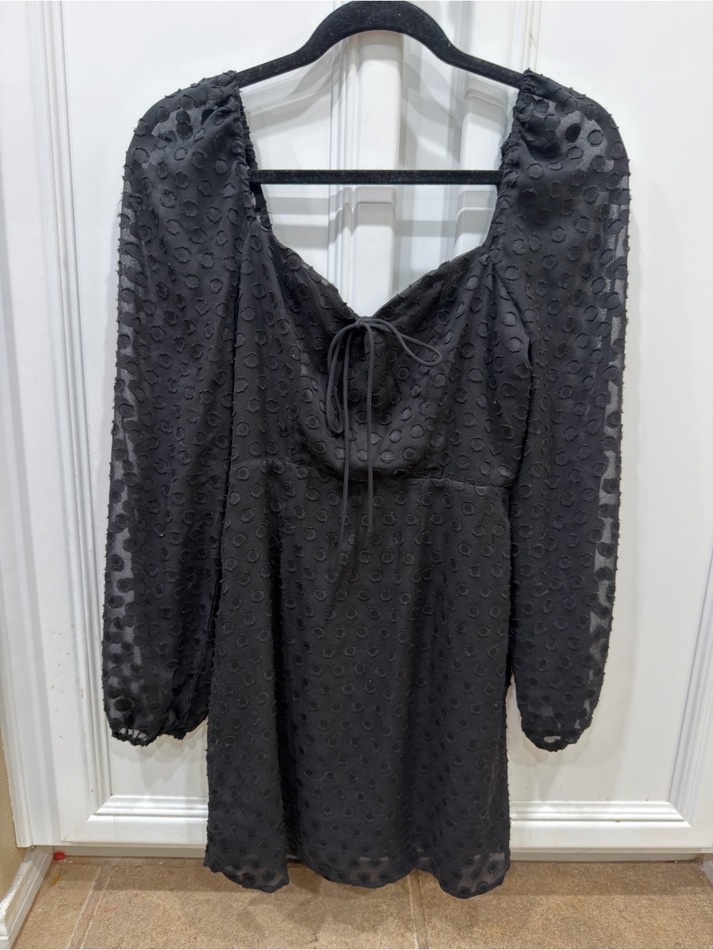 Black Swiss Dot Long-Sleeve Mini Dress with Tie Neck
